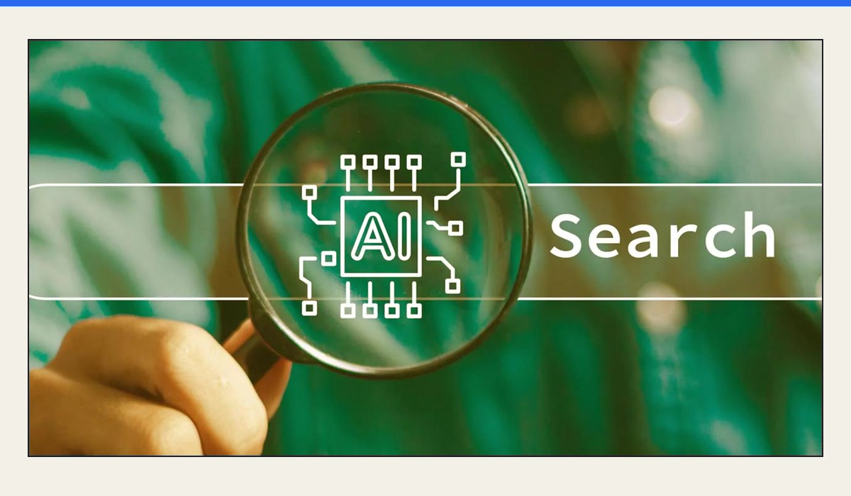 Magnifying glass over an AI chip and the word Search